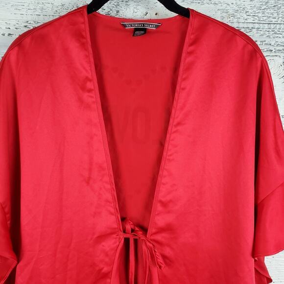 Victoria's Secret Red Satin Robe Heart Design Tie Closure, Ruffle Trim Romantic - Picture 2 of 9